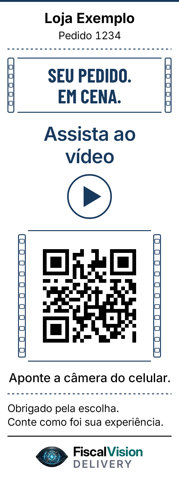 Cupom do pedido com a frase Seu pedido. Em cena., o botão para assistir ao vídeo e o QR Code